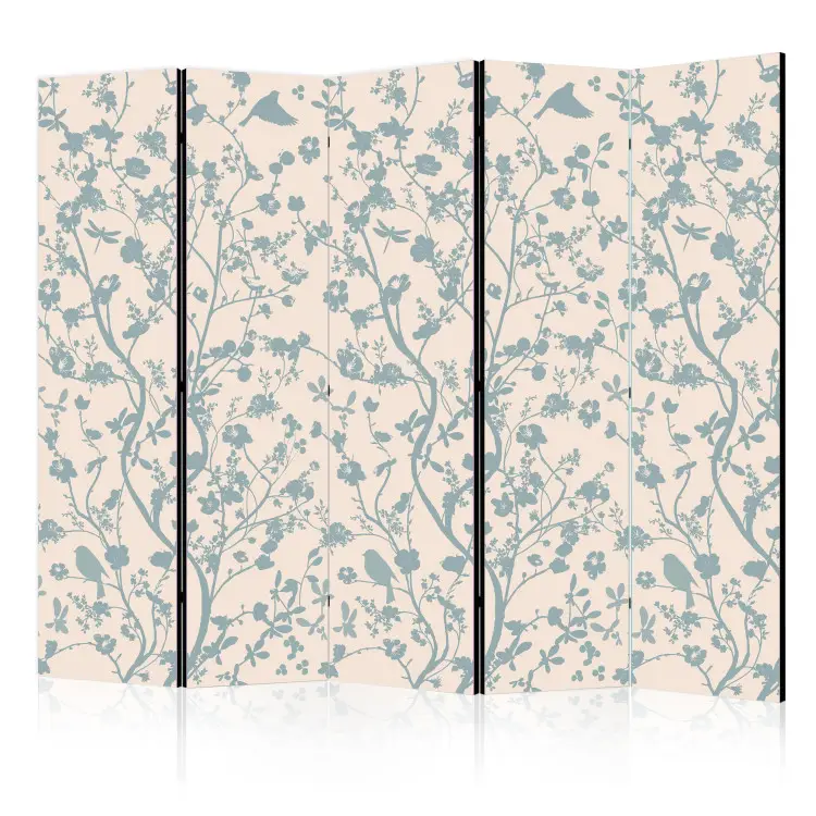 Spring Stir II - fanciful pattern of plants and birds on a light background