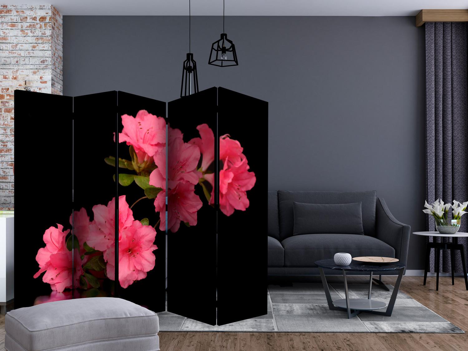 Room Divider Azalea in Black II - romantic flowers on a black background