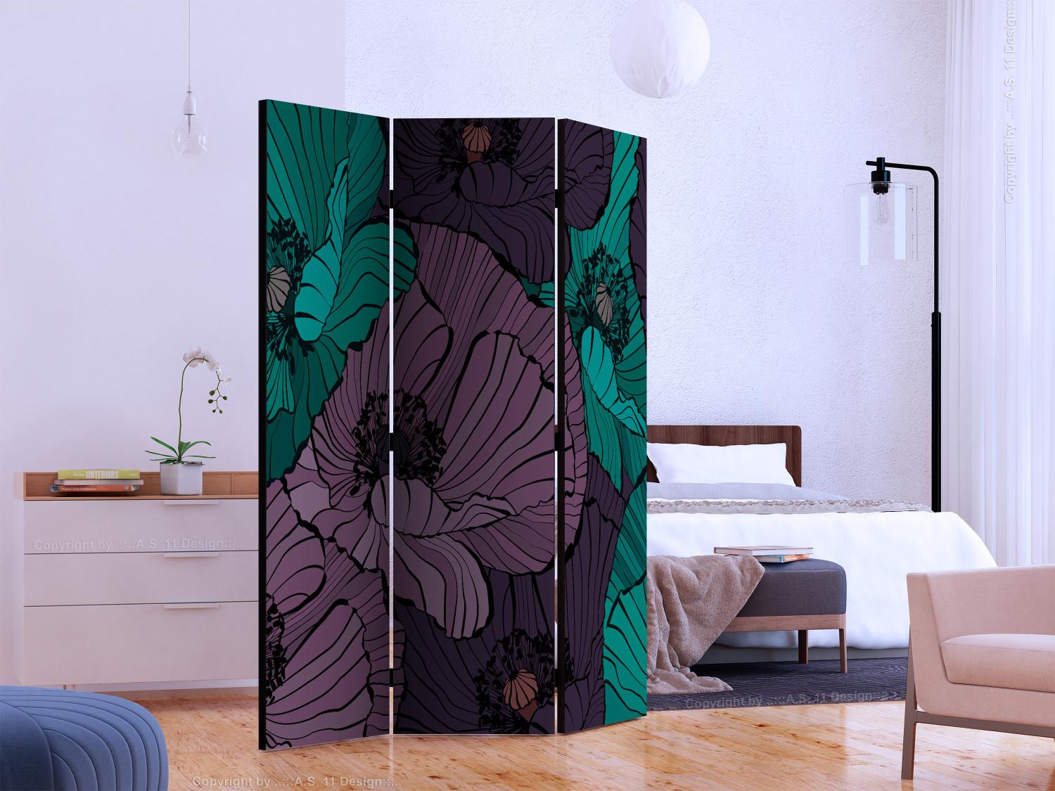 Room Divider Flower Bed - blue and lilac poppy flowers in a comic style