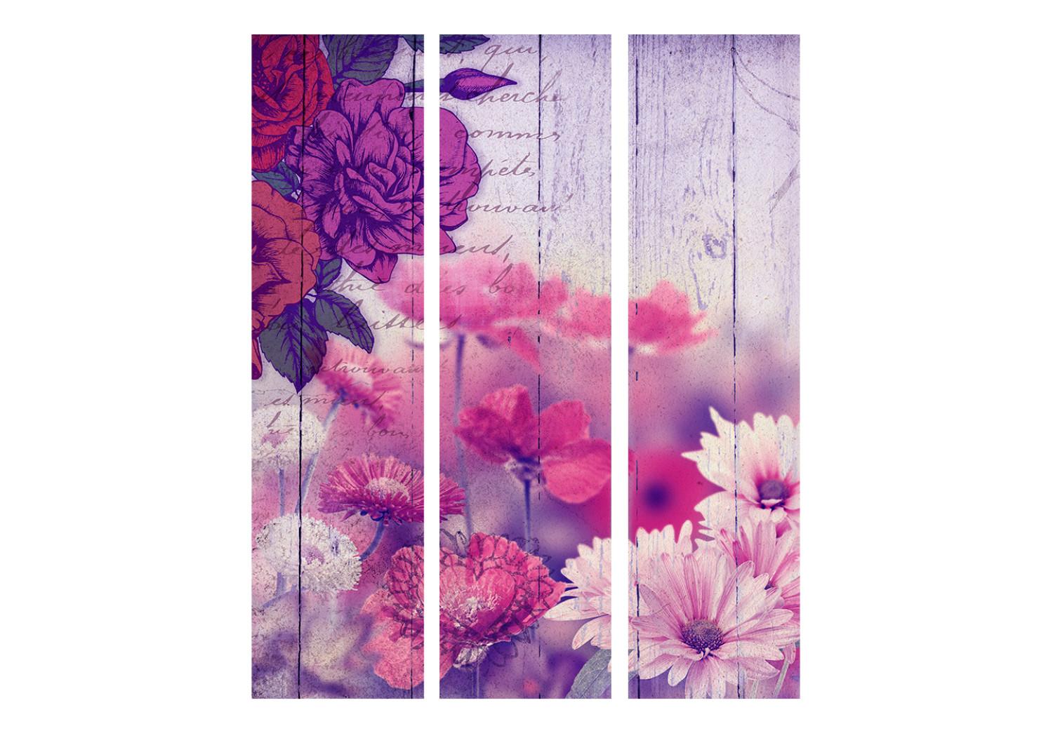 Room Divider Floral Memory - flowers on a background of wooden boards with inscriptions