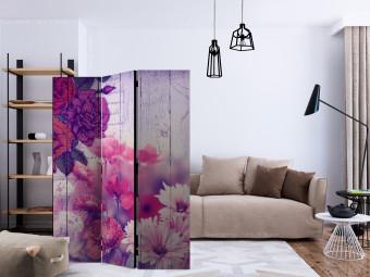 Room Divider Floral Memory - flowers on a background of wooden boards with inscriptions