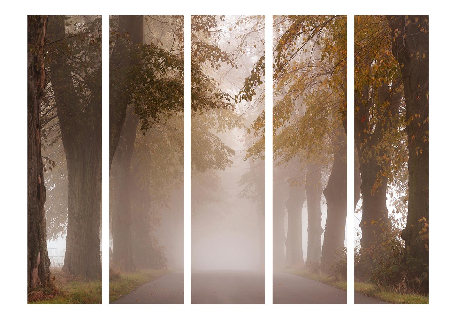 Room Divider Blind Alley II - landscape of a foggy road with trees on both sides