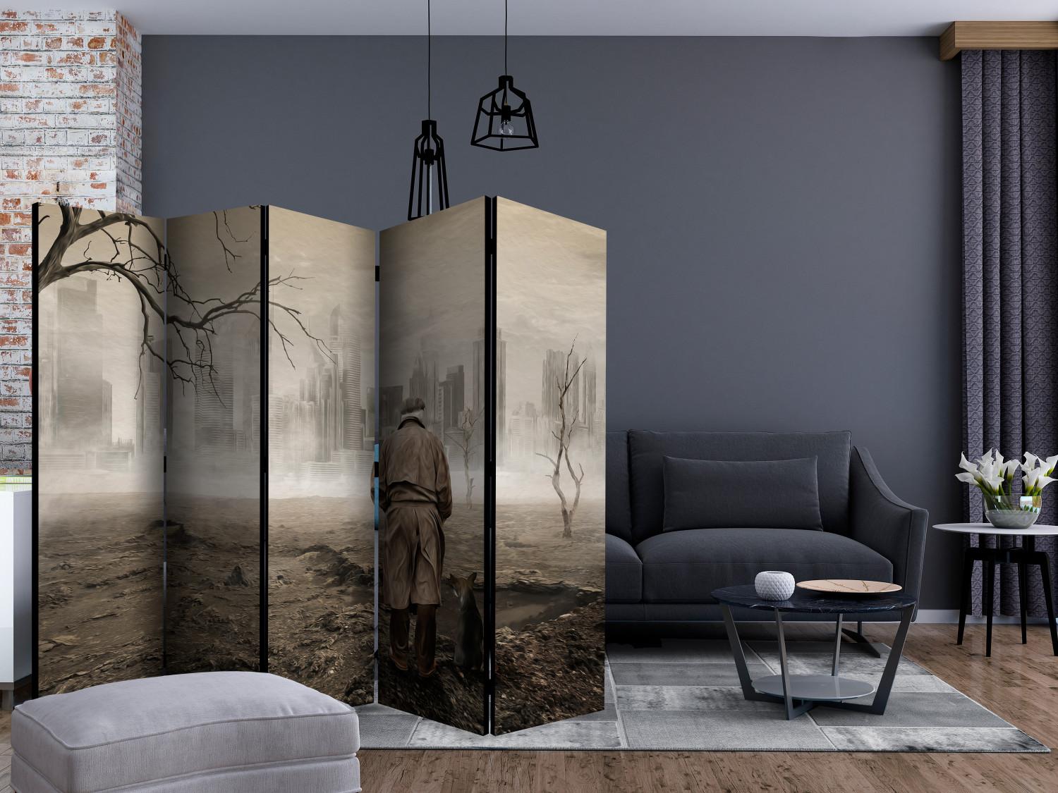 Room Divider Ghost's City II (5-piece) - cracked earth and sepia architecture
