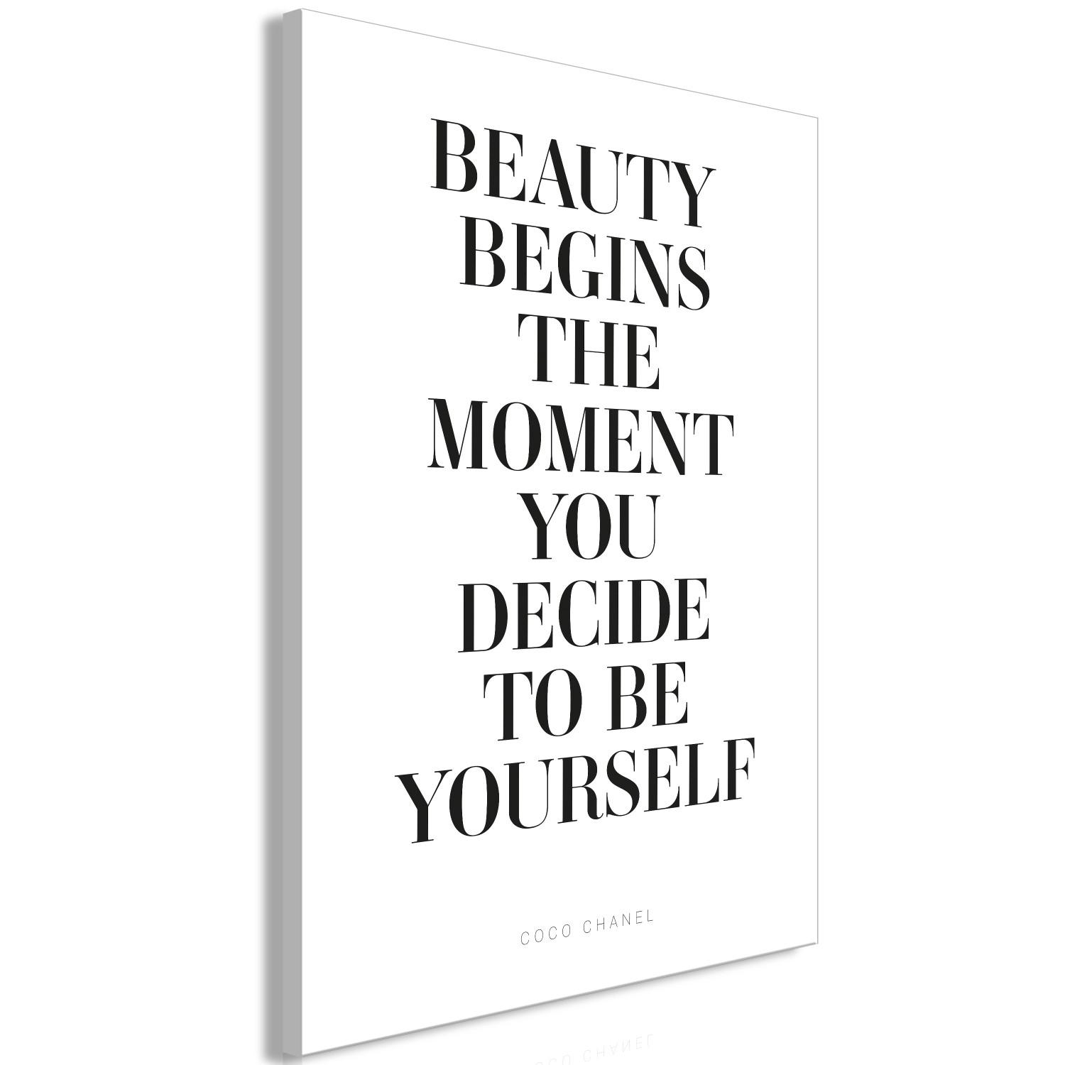 Canvas Where Beauty Begins (1-piece) Vertical - black and white inscriptions