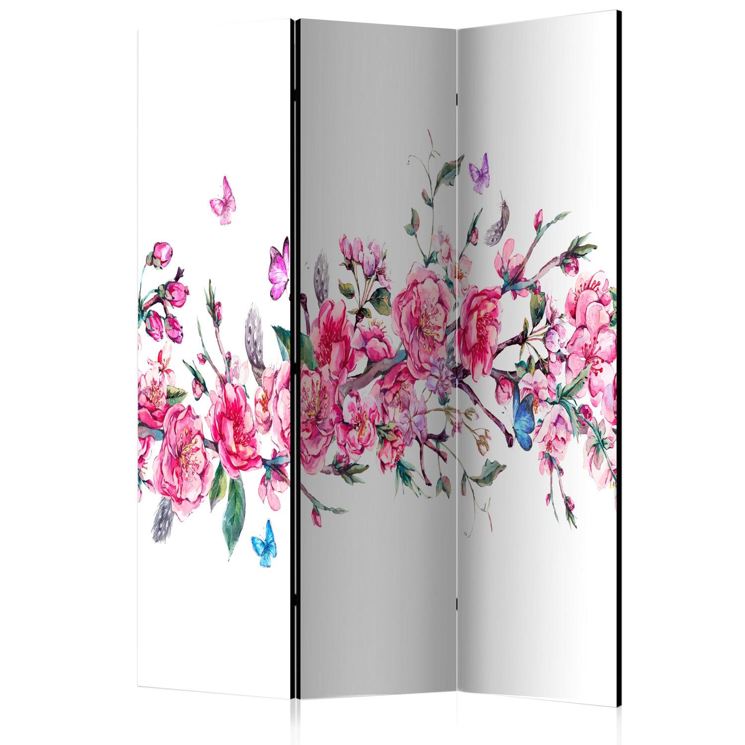 Room Divider Flowers and Butterflies (3-piece) - romantic cherry blossoms on white