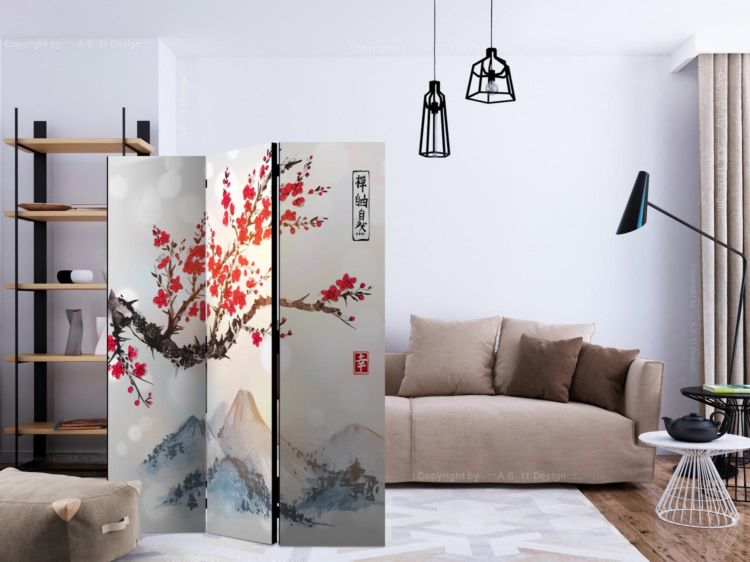 Room Divider Mount Fuji (3-piece) - artistic landscape of mountains and cherry blossoms