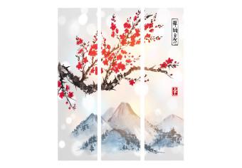 Room Divider Mount Fuji (3-piece) - artistic landscape of mountains and cherry blossoms