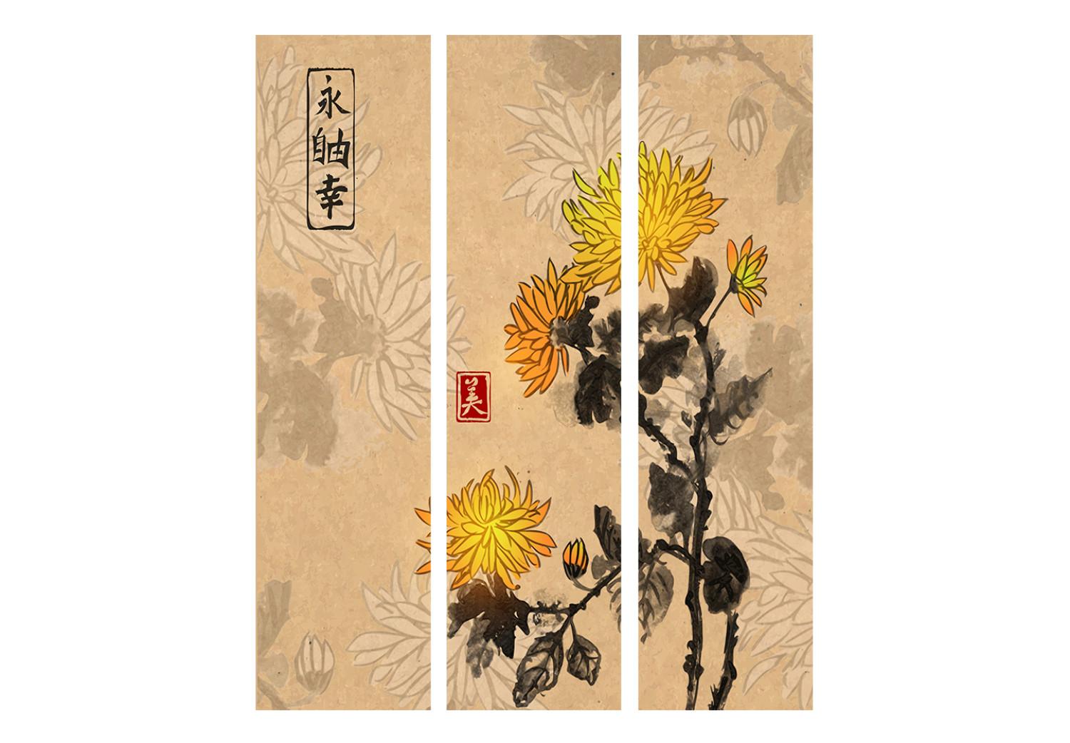 Room Divider Chrysanthemums (3-piece) - romantic flowers inspired by Japan