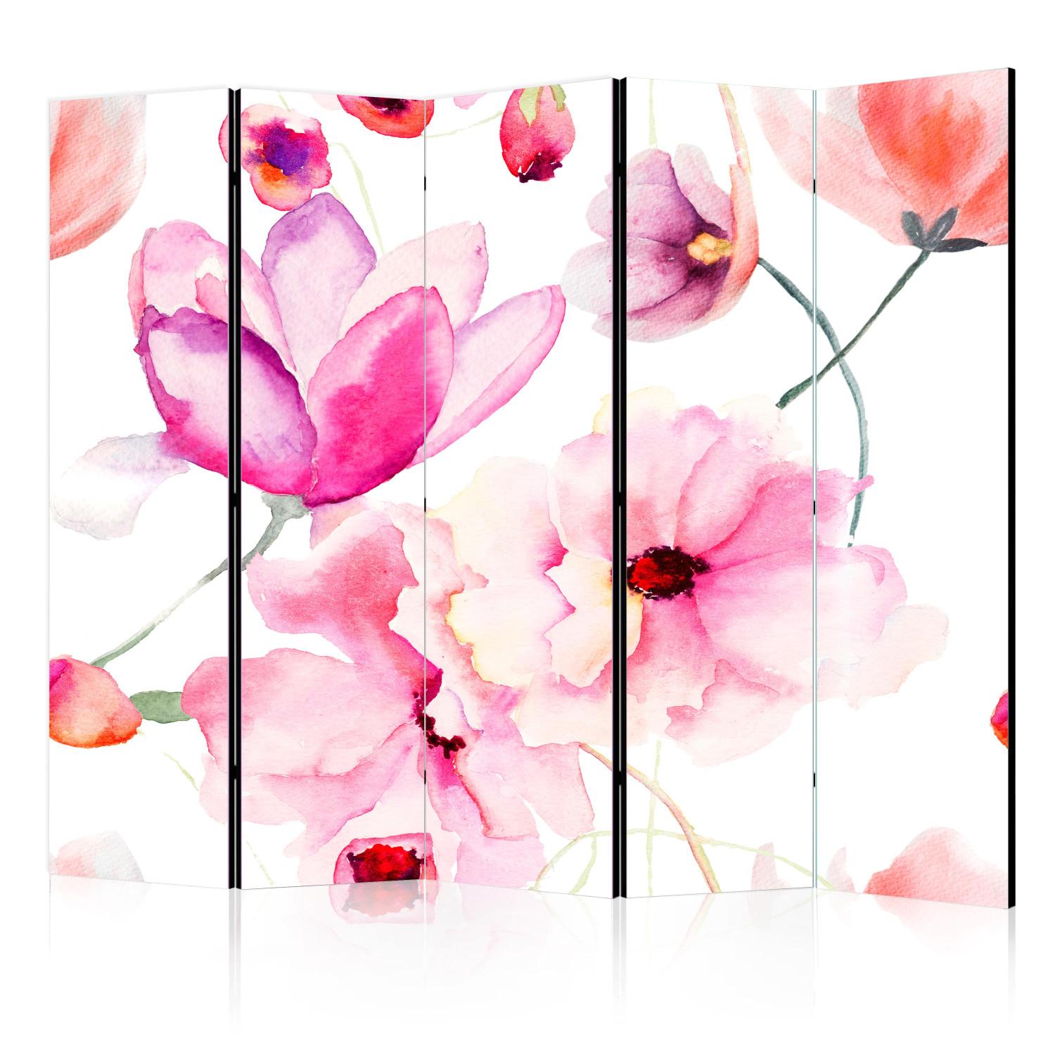 Room Divider Pink Flowers II (5-piece) - blooming nature on a uniform background