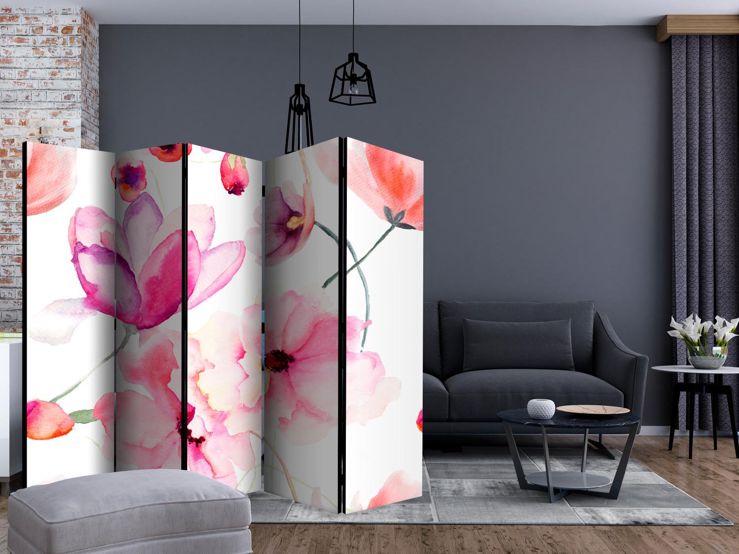 Room Divider Pink Flowers II (5-piece) - blooming nature on a uniform background