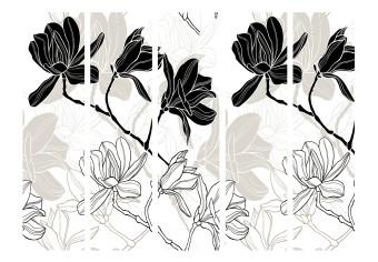 Room Divider Flowers B&W II (5-piece) - black and white pattern of blooming flowers