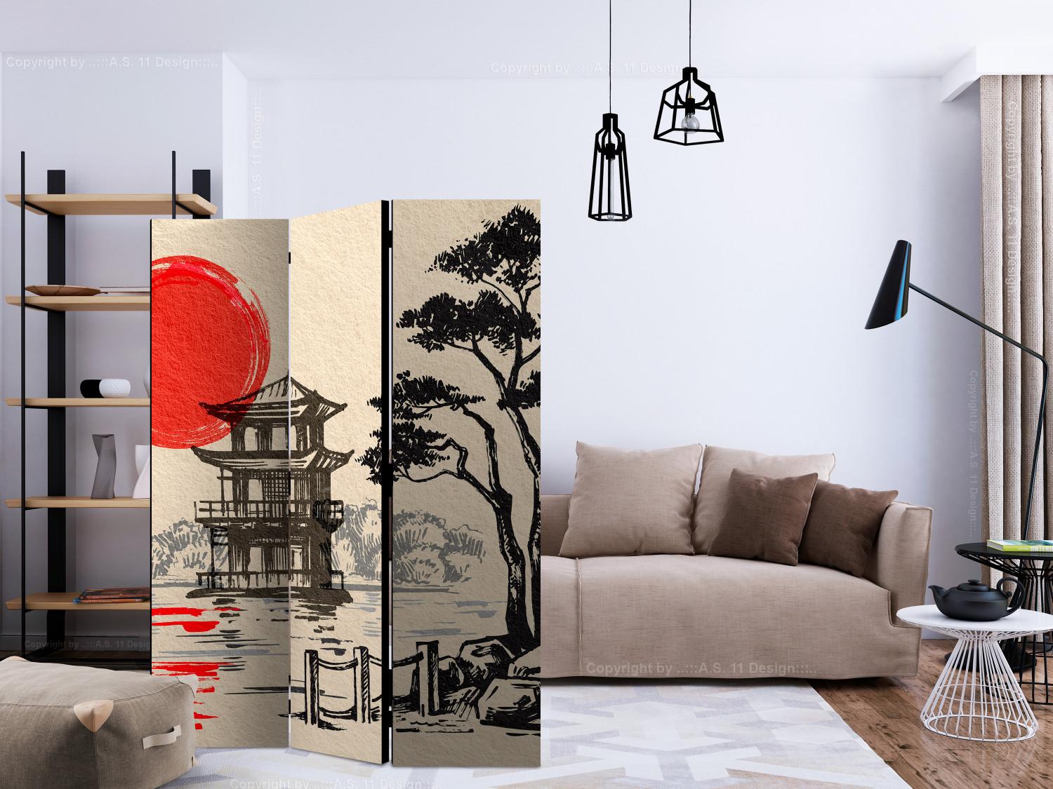 Room Divider Cottage by the Pond (3-piece) - architecture of the Far East