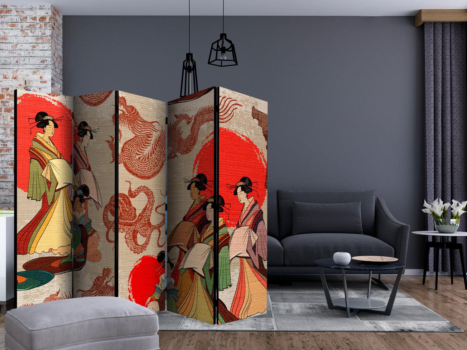 Room Divider Geishas II (5-piece) - oriental composition with silhouettes of women