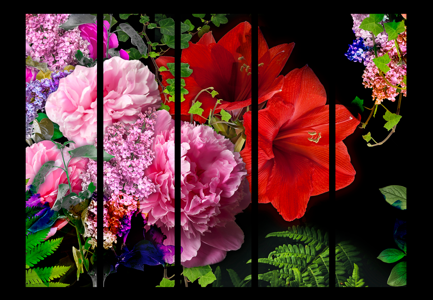 Room Divider June Evening II (5-piece) - colorful flowers on a black background