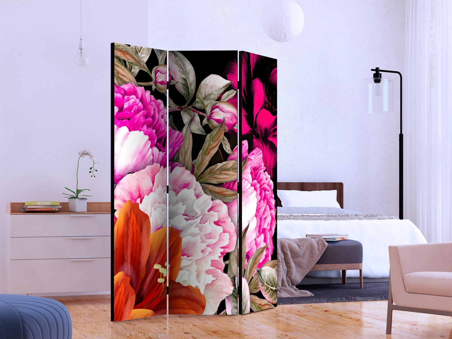 Room Divider Luxuriant Summer (3-piece) - composition of colorful flowers on a black background