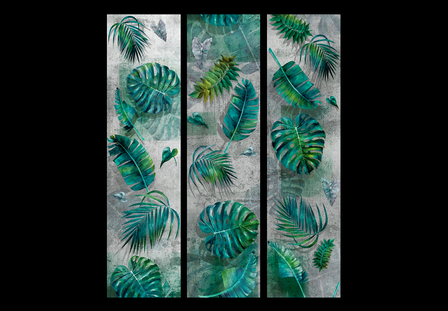 Room Divider Modernist Jungle (3-piece) - green leaves on a gray background