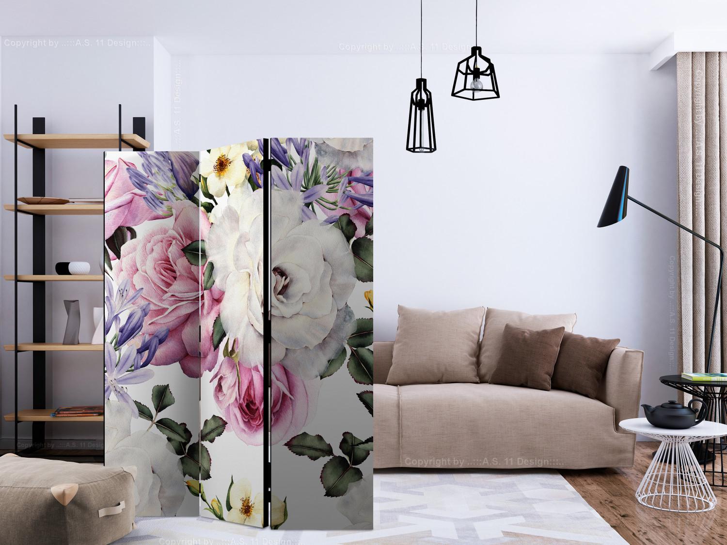 Room Divider Sentimental Garden (3-piece) - colorful flowers on a white background