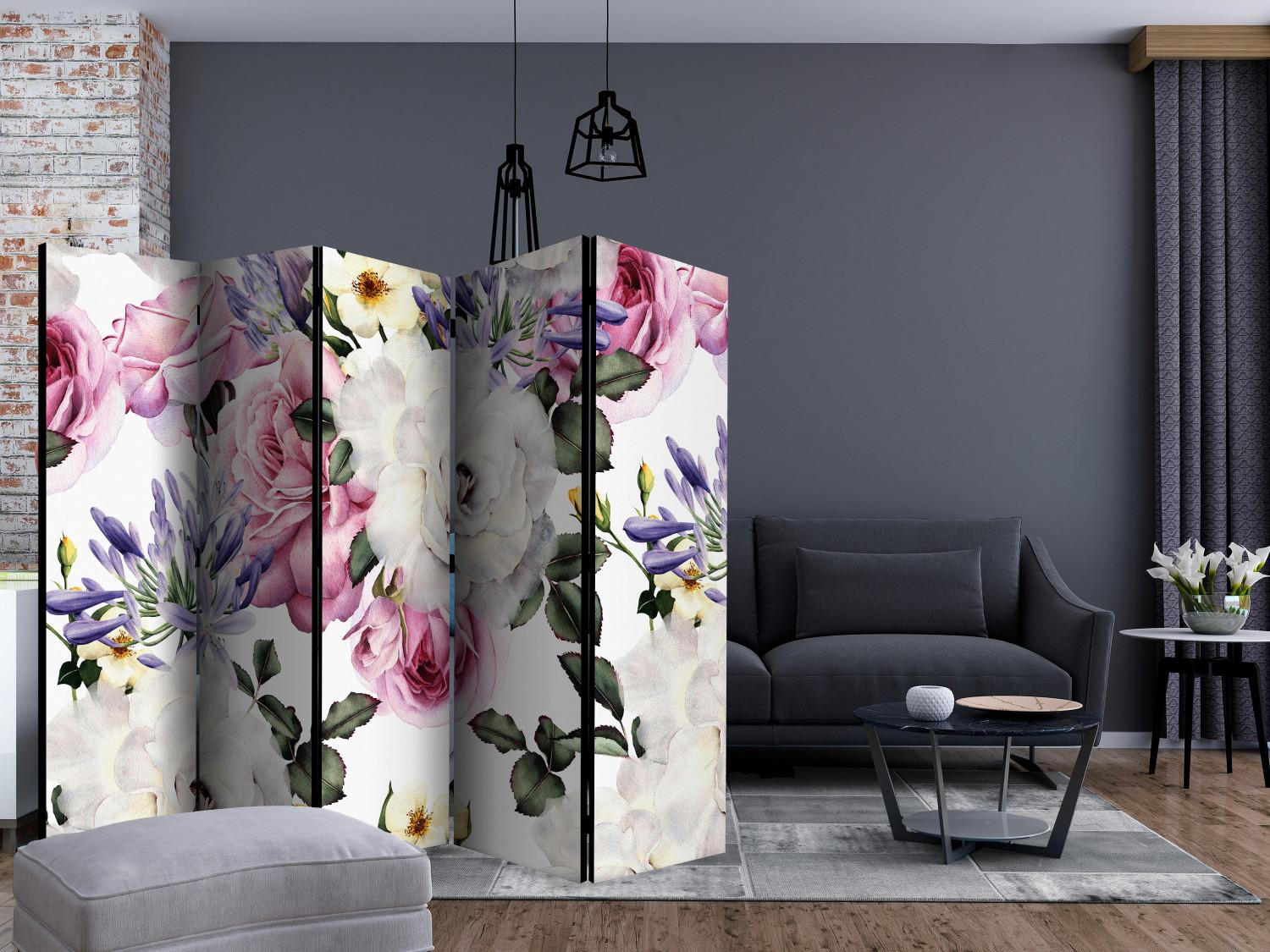 Room Divider Sentimental Garden II (5-piece) - colorful flowers on a white background