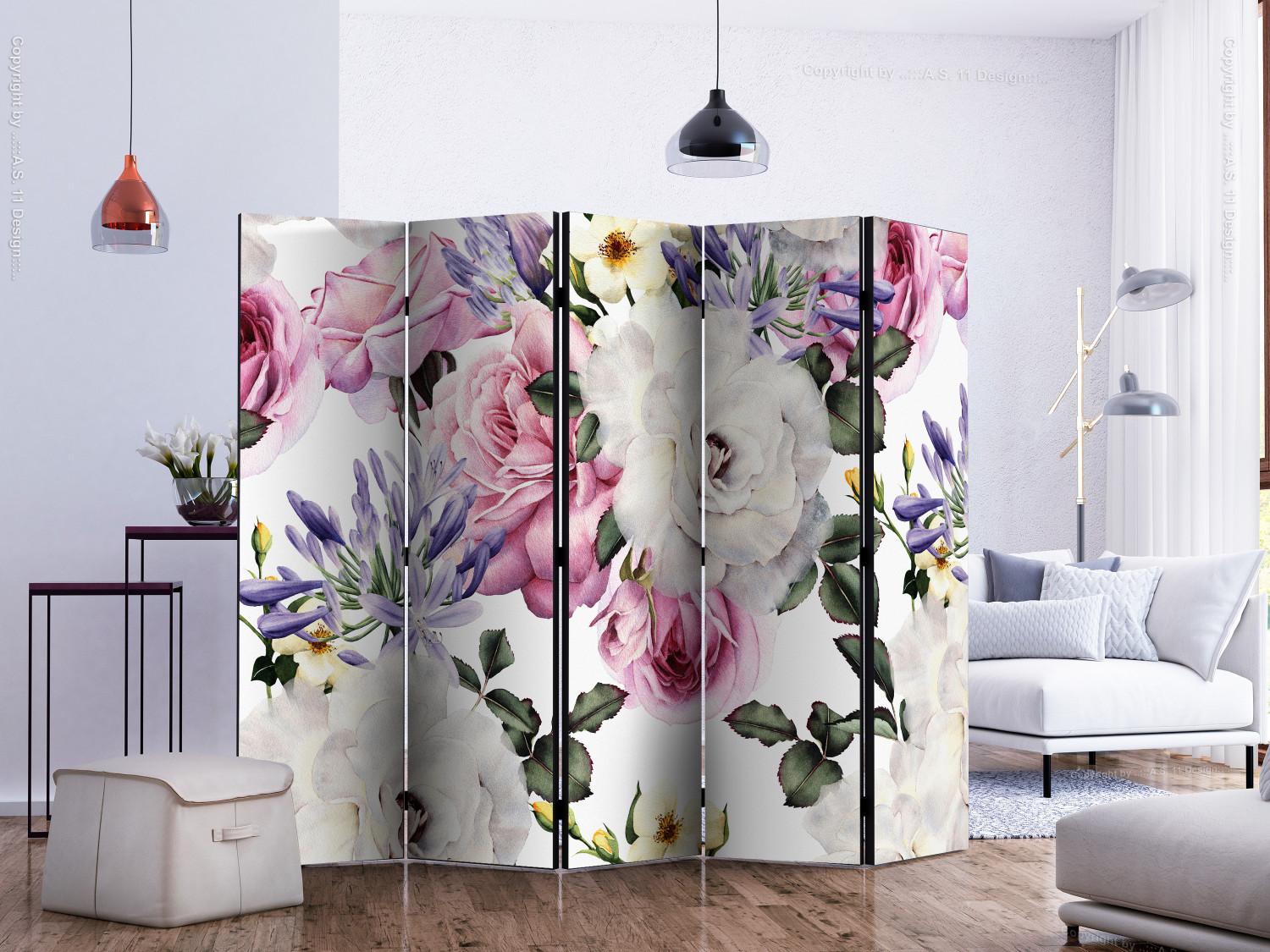 Room Divider Sentimental Garden II (5-piece) - colorful flowers on a white background
