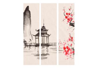Room Divider Sensei's Hut (3-piece) - blooming cherry blossom and Japanese architecture
