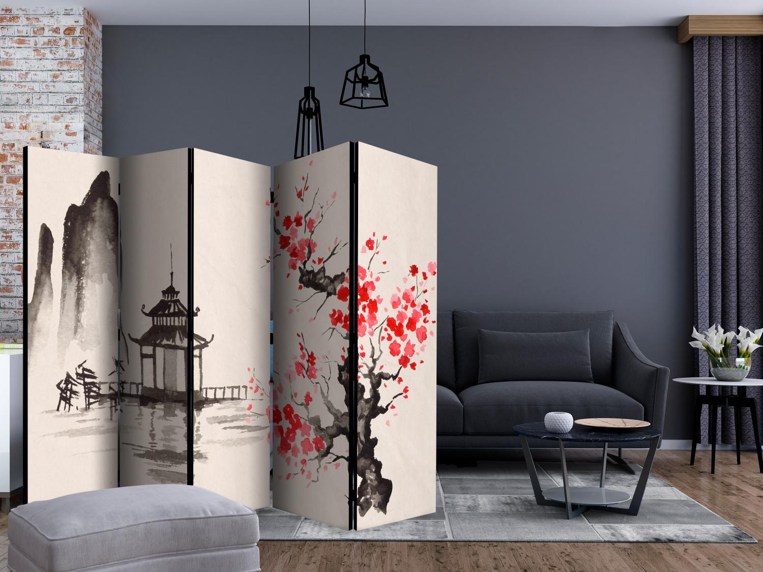 Room Divider Sensei's Hut II (5-piece) - oriental architecture and plants