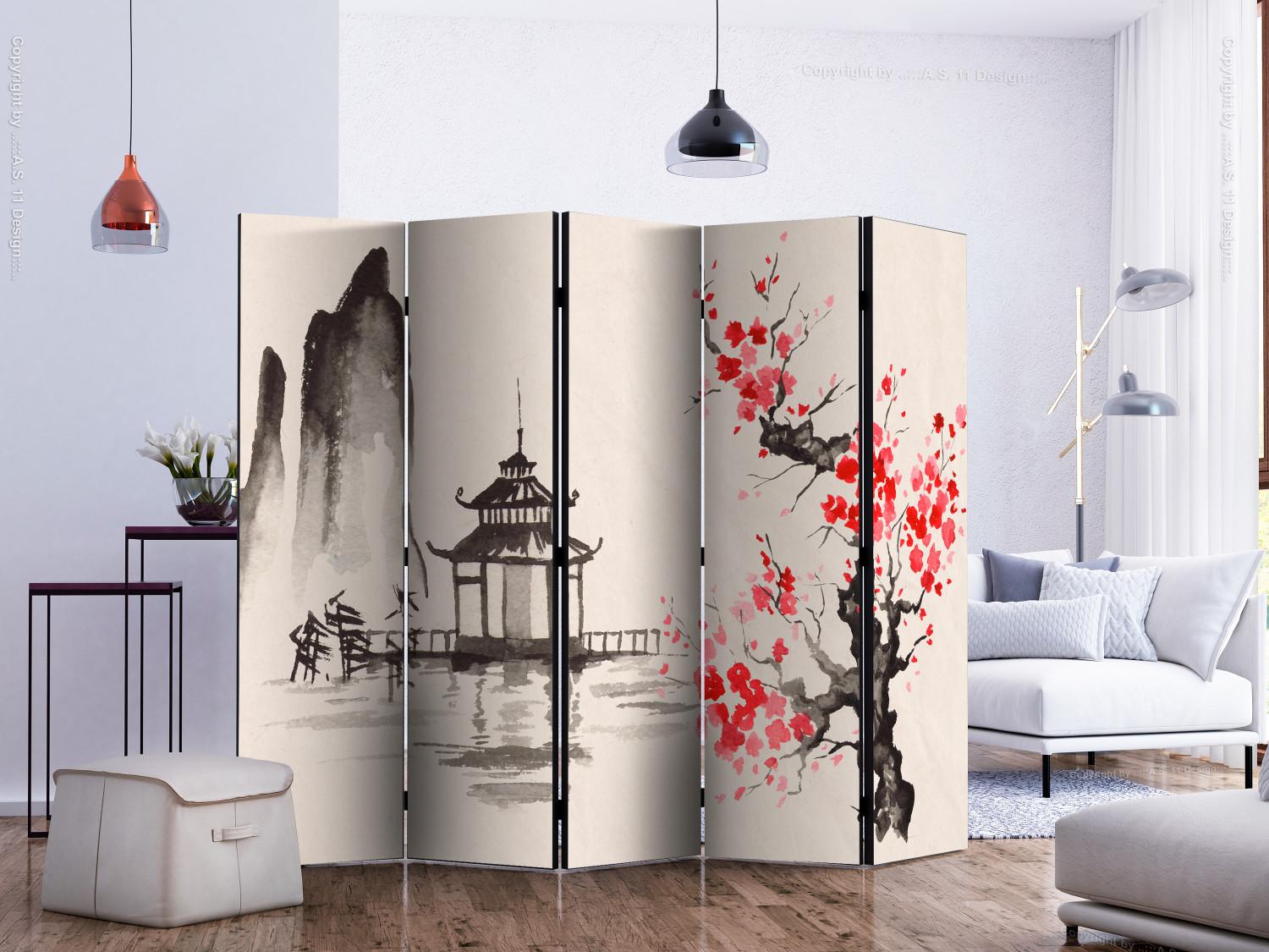 Room Divider Sensei's Hut II (5-piece) - oriental architecture and plants