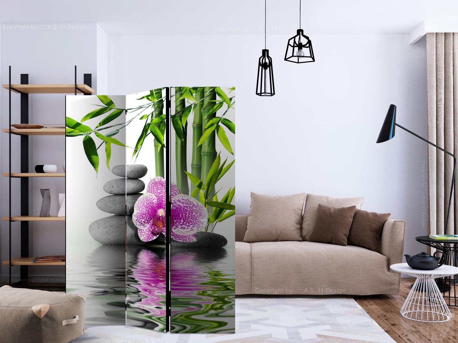 Room Divider Orchid Serenity (3-piece) - Zen-style stones amidst nature
