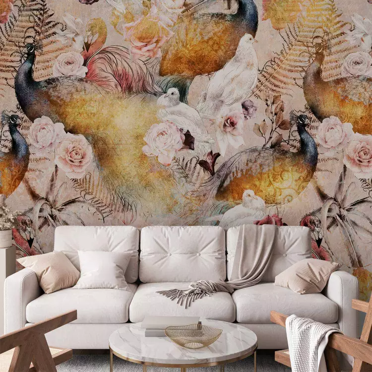Wall Mural Golden era - nature with a motif of colourful flowers and a variety of birds