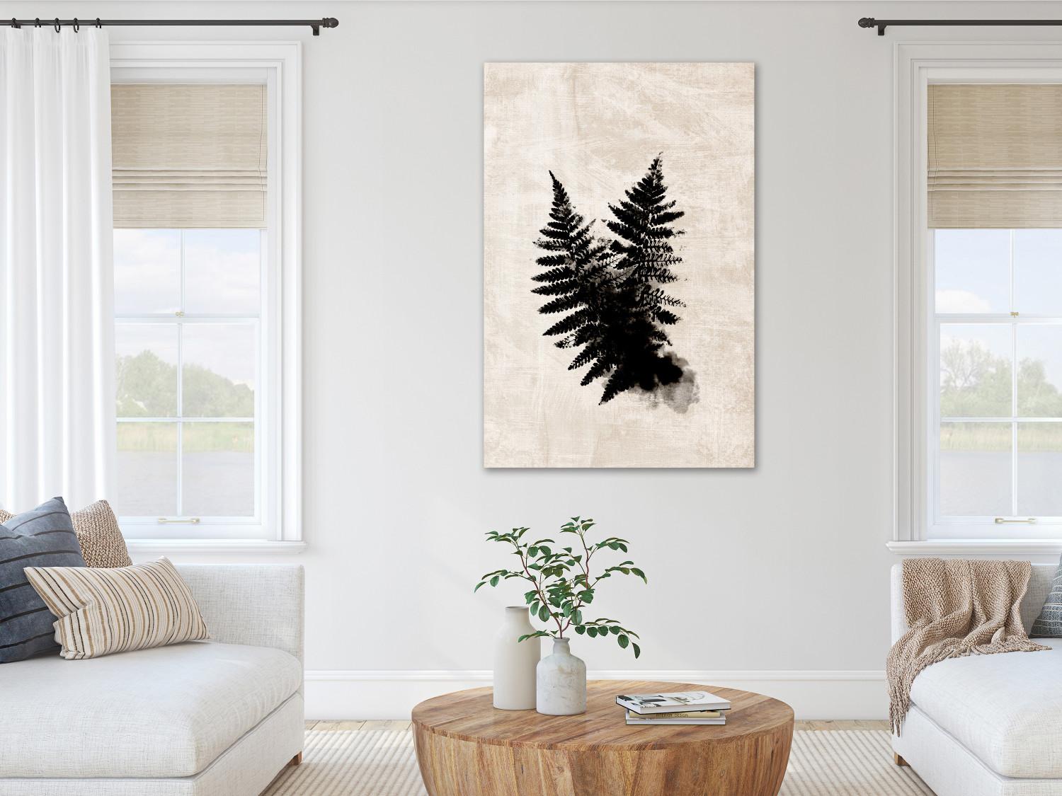 Canvas Black fern - two leaves in black on a bright, shabby background