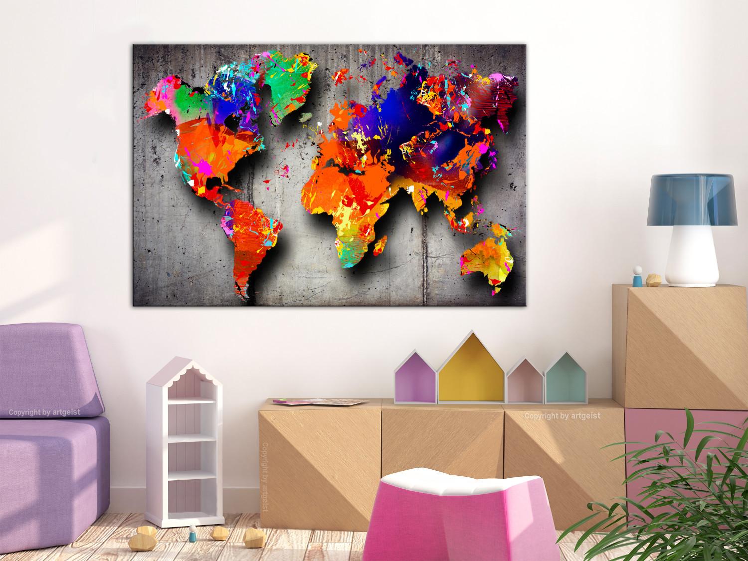 Canvas Map in colors - multi-colored continents on a gray background