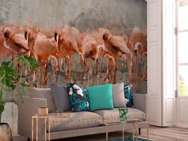 Wall Mural Exotic birds - pink flamingos with shadow on grey concrete background