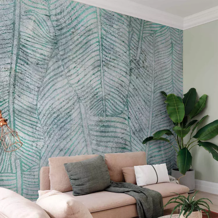 Wall Mural Banana leaves - plant motif blue lineart nature with pattern
