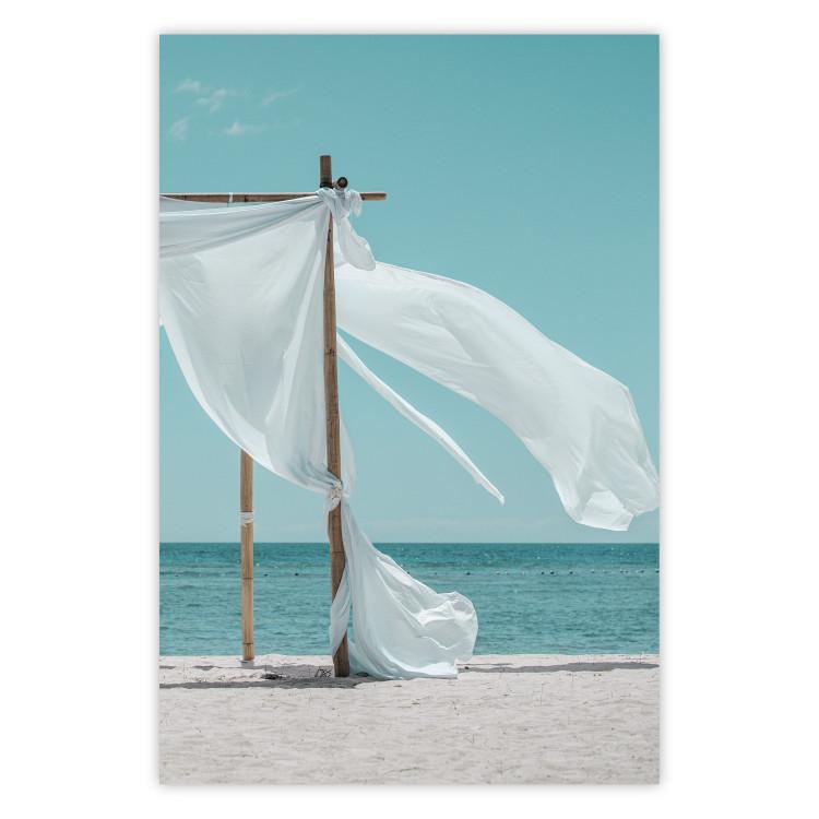 Warm Breeze - beach seascape with white parasol against ocean