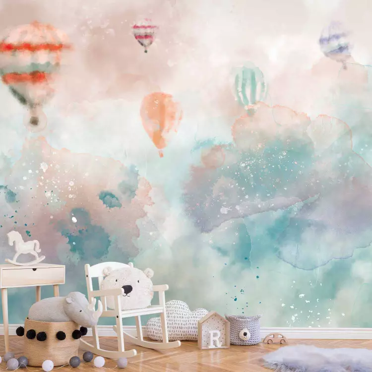 Wall Mural Dreamland - watercolour landscape with tents and balloons for children