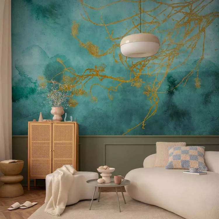 Wall Mural Branch in the wind - abstract turquoise watercolour with gold pattern