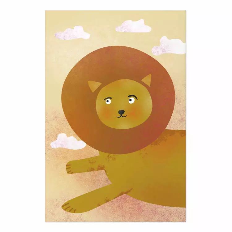 Poster Lion's Play - animal flying among clouds in an orange sky