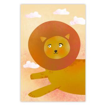 Poster Lion's Play - animal flying among clouds in an orange sky
