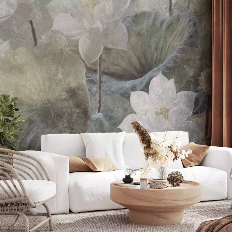 Wall Mural Water lotus flowers - retro floral motif landscape with leaves