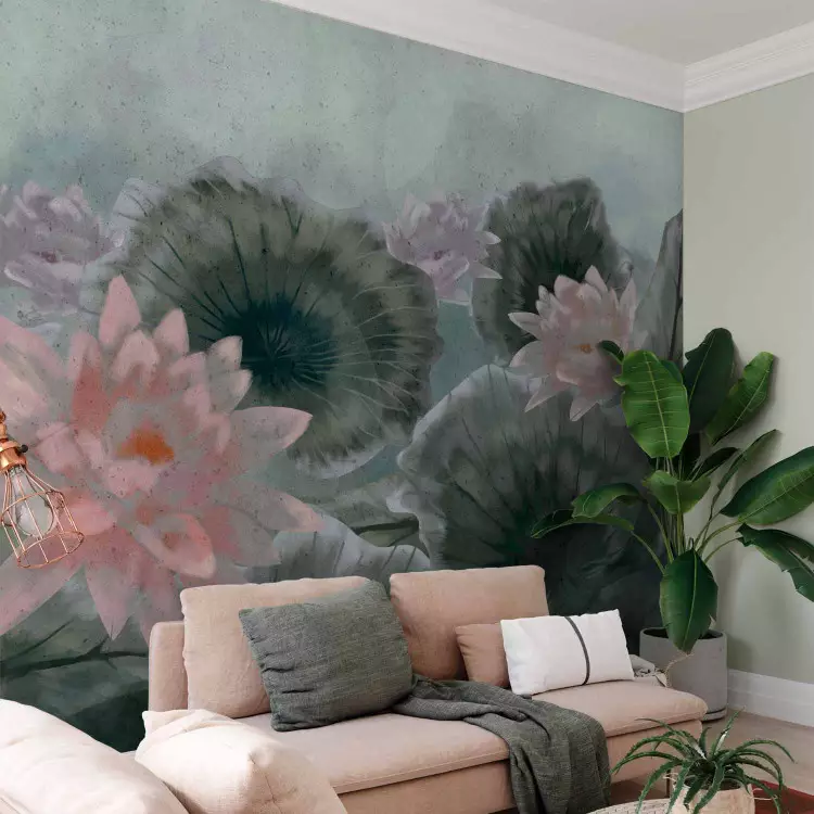 Wall Mural Oriental vegetation - lotus flowers floating with leaves on a sheet of water