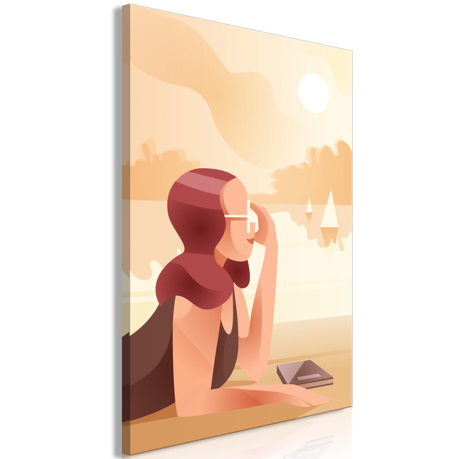 Canvas Woman over the lake - artwork with beach, women and sailboats