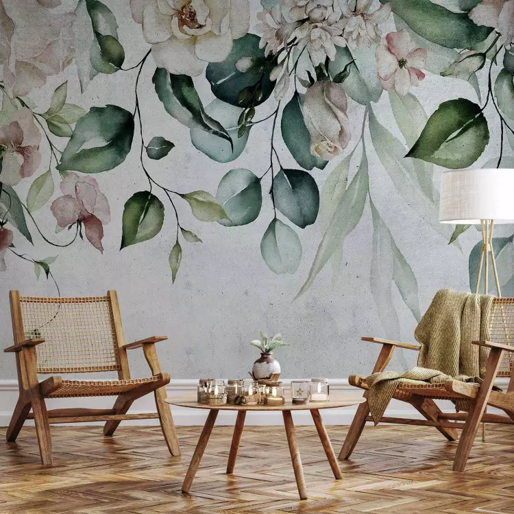 Hanging gardens - plant motif with hanging flowers and retro leaves