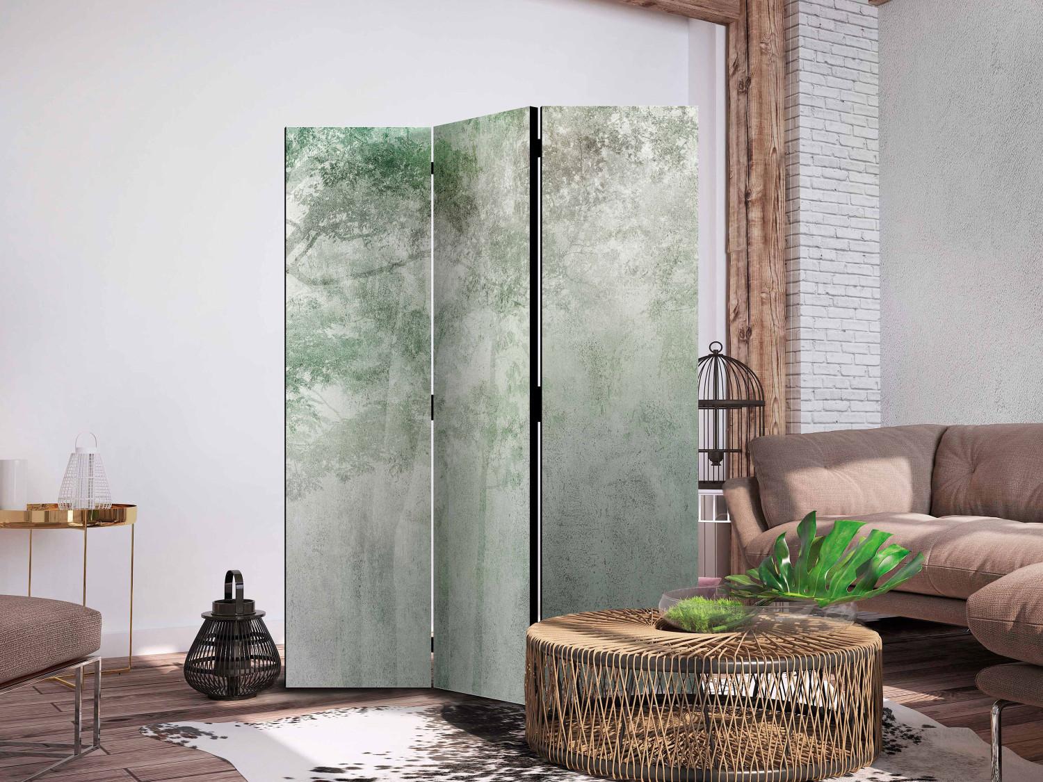 Room Divider Forest Solace (3-piece) - landscape of green trees and a gray background