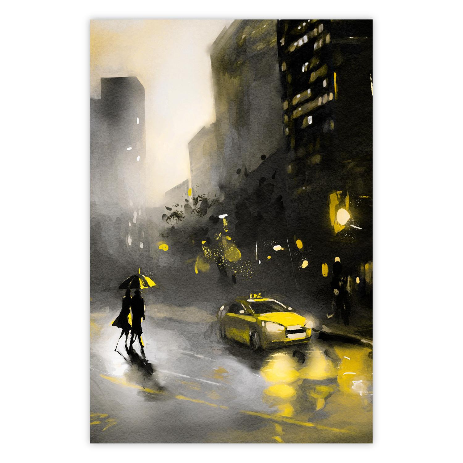 Poster City Glow - yellow car and people against a gloomy architectural backdrop