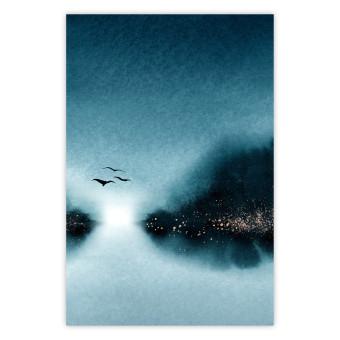 Poster Flight at Dawn - a landscape of the night sky and birds on a blue background