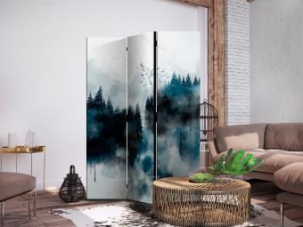 Room Divider Painted Mountains (3-piece) - landscape of forest trees and birds in the background