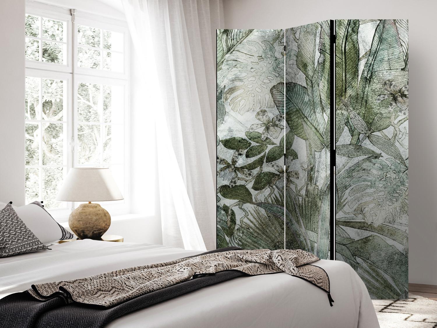 Room Divider Gentle Dew (3-piece) - Delicate composition full of green leaves