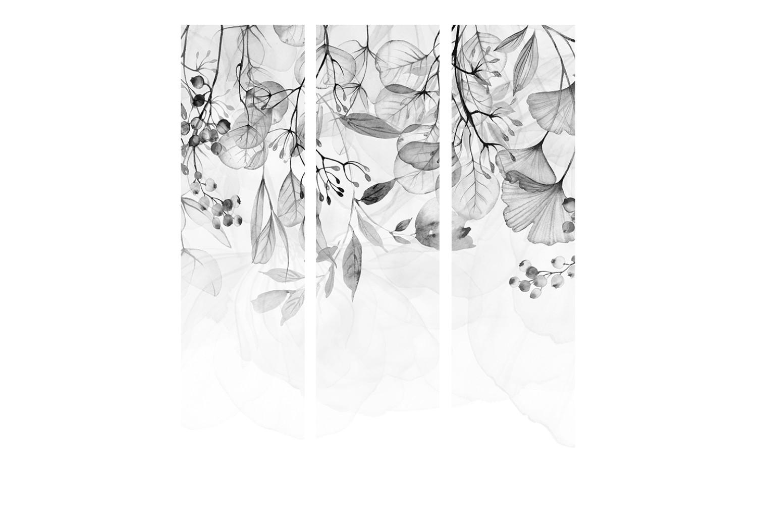 Room Divider Misty Nature - Gray (3-piece) - Black and white pattern in leaves