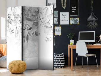 Room Divider Misty Nature - Gray (3-piece) - Black and white pattern in leaves
