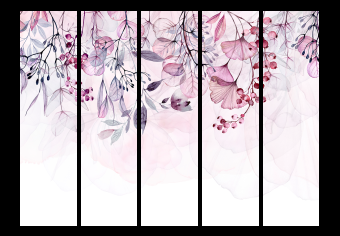 Room Divider Misty Nature - Pink II (5-piece) - Pattern in leaves and plants