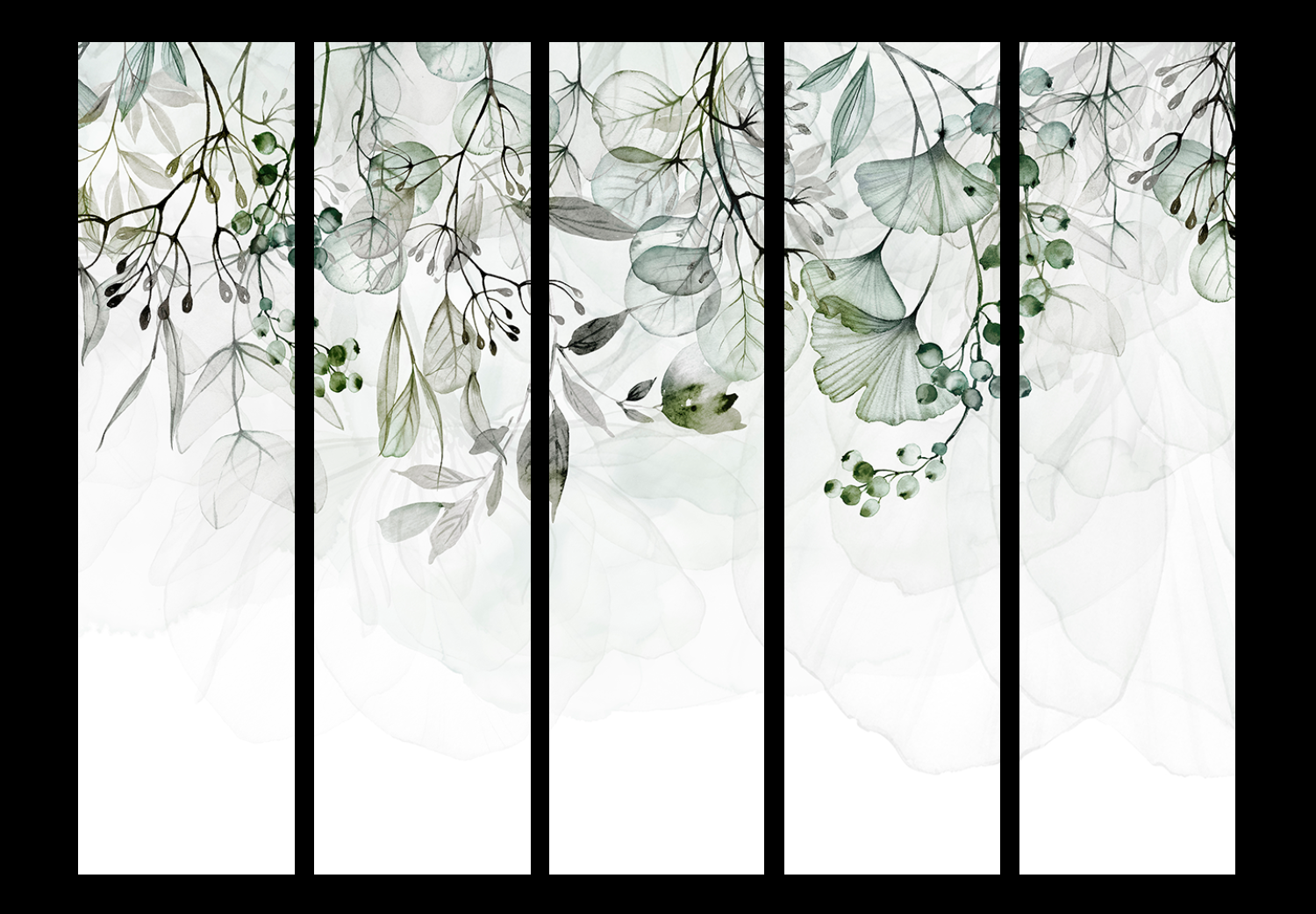 Room Divider Misty Nature - Green II (5-piece) - Delicate plants on white